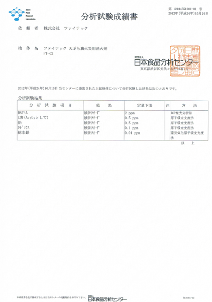 Fitech天ぷら油火災用消化剤試験結果